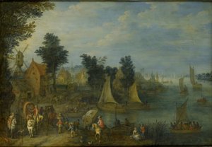 Aldeia na margem de um rio de Joseph van Bredael