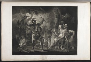 Macbeth.
Ato IV. Cena I.
Uma caverna escura. No meio, um caldeirão a ferver. Três bruxas. Macbeth. Hécate.
Macbeth enfrenta as bruxas e as aparições; a seus pés, dentro de uma serpente enrolada, estão uma criança pequena e ensanguentada e uma criança co