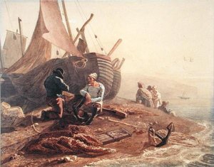 Pescadores que consertam as suas redes