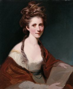 Retrato de Angelica Kauffmann, metade do comprimento em branco, vestindo um xale vermelho de Joshua Reynolds