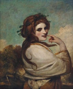 Retrato de Emma, Lady Hamilton, como uma Bacchante, de comprimento médio, em um vestido amarelo e xale branco, em uma paisagem de Joshua Reynolds