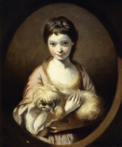 Retrato de Miss Emilia Vansittart, metade do comprimento, usando um vestido rosa e branco segurando um cachorro, c.1767-68 de Joshua Reynolds