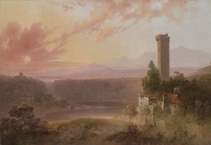 Vista, de, lago, Nemi, em, pôr do sol, c.1840-50