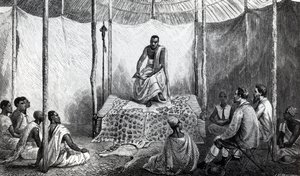 Primeira Lição de Kamrasi na Bíblia, ilustração de "Um Jornal da Descoberta da Fonte do Nilo", de John Hanning Speke, publicada em 1864