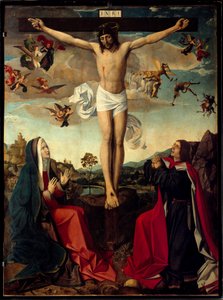 Calvário. Crucificação com a Virgem Maria e São João aos pés da cruz. Inscrição "INRI" na cruz. Pintura do mestre de San Sebastián ou Josse Lieferinxe (Ativo de 1493 a 1505).