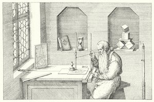 Ourivesaria alemã, artista e gravador Wenzel Jamnitzer em seu estúdio (gravura)