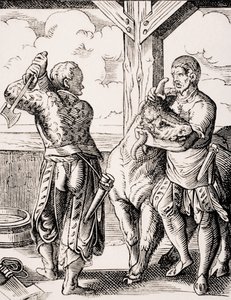 O Carniceiro e o seu assistente, reprodução de uma gravura do século XVI de Jost Amman (1539-91) de 