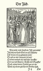 O emprestador de dinheiro judeu (gravura) de Jost (after) Amman