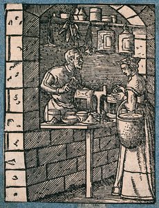 Um fabricante de lanternas trabalha na sua bancada, conversando com uma cliente que inspeciona uma lanterna acabada. Xilogravura de J. Amman. de Jost Amman