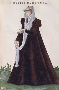 Mulher nobre borgonhesa em traje tradicional, gravura de Habitus praecipuorum popularum de Jost Amman