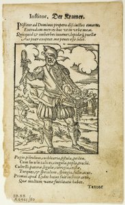 Der Kramer (O Mascate) de De omnibus illiberalibus sive Mechanicalis artibus de Hartmann Schopper, placa 50 de Xilogravuras de Livros do Século XVI de Jost Amman
