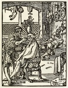 Os barbeiros de uma série retratando ocupações e ofícios publicados pela primeira vez em Das Ständebuch 1568 em Frankfurt, Alemanha de Jost Amman