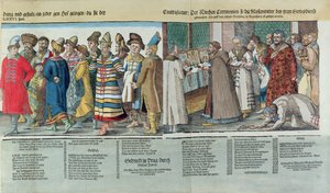 A Grande Embaixada de Ivan IV (1530-1584) da Rússia ao Sacro Imperador Romano em Regensburg em 1576 (xilogravura colorida) (detalhe) de Jost Amman