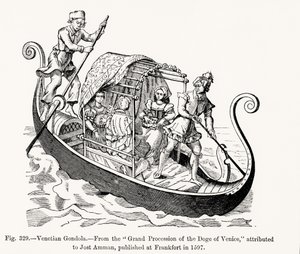 Gôndola veneziana, da Grande Procissão do Doge de Veneza, ilustração da Ciência e Literatura da Idade Média e do Renascimento, escrita e gravada por Paul Lacroix, 1878 (