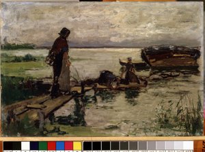 "À beira-mar" (Sur le rivage) Mulheres camponesas holandesas à beira-mar. Pintura de Josef Israels (1824-1911) Mikalojus Konstantinas Ciurlionis Museum of Fine Arts, Kaunas, Lituânia