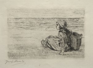 Menina com cesta sentada na praia de Jozef Israëls