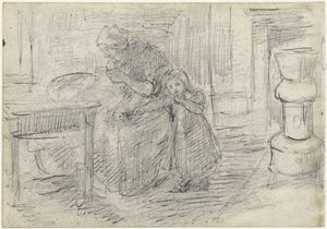 Interior com mulher a fazer trabalhos manuais e criança de Jozef Israëls