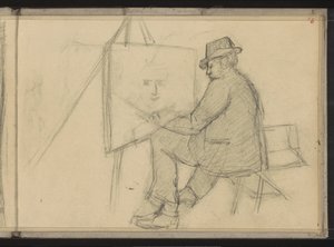 Artista sentado atrás de um cavalete de Jozef Israëls