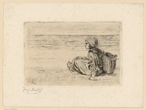 Menina com uma cesta às costas na praia de Jozef Israëls