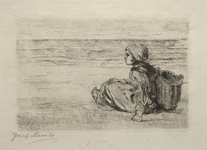 Menina com cesta sentada na praia de Jozef Israëls