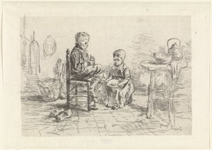 Interior da cozinha com duas crianças de Jozef Israëls