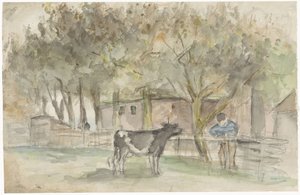 Paisagem com uma vaca e um agricultor de Jozef Israëls