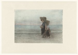Mulher com criança, caminhando ao longo da praia de Jozef Israëls