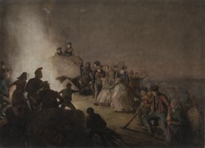 St. A noite hanseática. Camponeses, que acenderam fogueiras em um monte gigante, dançam ao redor do fogo