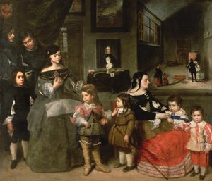 A Família de Artistas, à esquerda as quatro crianças dos artistas primeiro se casam à filha de Diego Velasquez, Gaspar, Melchior, Baltasar e María Teresa; à direita sua segunda esposa Francisc