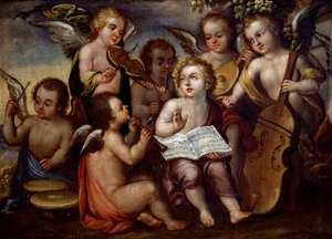 Menino Jesus com anjos tocando instrumentos musicais de Juan Correa