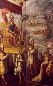Montezuma, detalhe da reunião entre Cortes e Montezuma, ecrã atribuído a Juan Correa (1645-1716), óleo sobre tela, 250x600 cm de Juan Correa