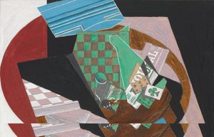 Tabuleiro de damas e baralhos, 1915 (guache, grafite e resina em papel de cor creme, montados em cartolina) de Juan Gris
