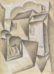 Casas em Paris, Place Ravignan, 1911 (giz preto e guache sobre papel branco) de Juan Gris