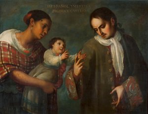 Um espanhol e uma mulher mestiça com o seu filho, um "Castizo".
