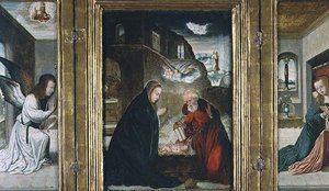 O Tríptico do Nascimento de Cristo com a Natividade ladeado pela Anunciação (painel) (ver também 82427) de Juan de (school of) Flandes