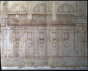 Pormenor do alçado exterior da fachada da Catedral de Valladolid na praça de Santa María (desenho) de Juan de Herrera