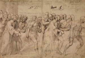 Estudo para Santo Estêvão sendo levado ao seu martírio, 1566 (caneta e tinta marrom, lavagem cinza e (depois) Traços de giz vermelho sobre papel) (reto) de Juan de Juanes Juan de Juanes