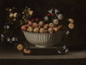 Flores e frutos numa taça chinesa