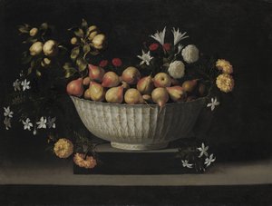 Flores e frutas em uma tigela de porcelana, c. 1645.