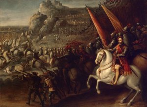 "Batalha" Pintura de Juan de la Corte(1597-1660) 1643 Dim 66,5x88 cm Estado Hermitage, São Petersburgo