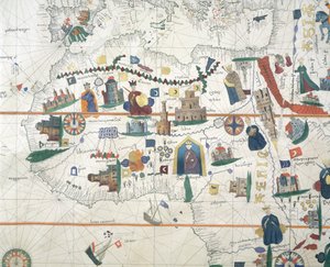 Detalhe da África e Bacia Mediterrânica, por Juan de la Cosa, carta náutica