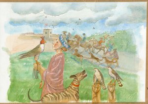 Uma cena de caça medieval (aguarela sobre papel) de Judith Dobie