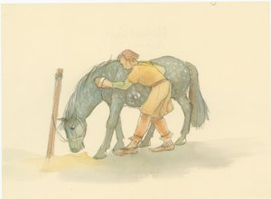 Um noivo medieval escovando um cavalo, 2004.