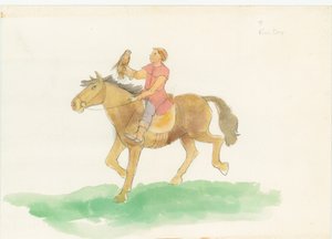 Um homem medieval, mostrado montando um cavalo com uma ave de rapina no braço, 2004. de Judith Dobie