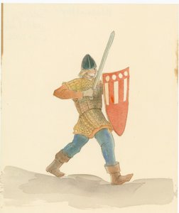 Um soldado medieval carregando uma longa espada na mão direita e um escudo na esquerda, 2004.
