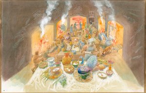 Uma cena de cozinha medieval (aguarela sobre papel) de Judith Dobie