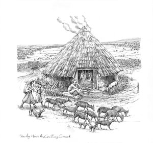 Agricultores e um rebanho de cabras fora da Idade do Ferro Roundhouse, c1990-2010 de Judith Dobie