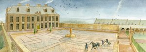 Salão de banquetes e átrio da mansão Cholmley na abadia de Whitby em 1700 (aguarela sobre papel) de Judith Dobie