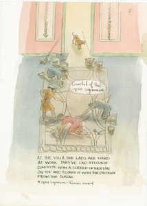 O mestre artesão e os seus trabalhadores assentam um piso para o mosaico de Julia, 2003. de Judith Dobie
