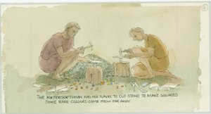 Dois personagens cortando pedra para fazer pequenos quadrados para o mosaicista, 2003. de Judith Dobie